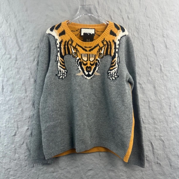 99新 GUCCI/古驰 灰色虎头拼接羊毛毛衣 xxl码 99新 MD1030