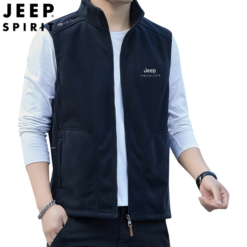 JEEPSPIRIT吉普男士马甲春秋季立领运动背心中老年宽松摇粒绒大码