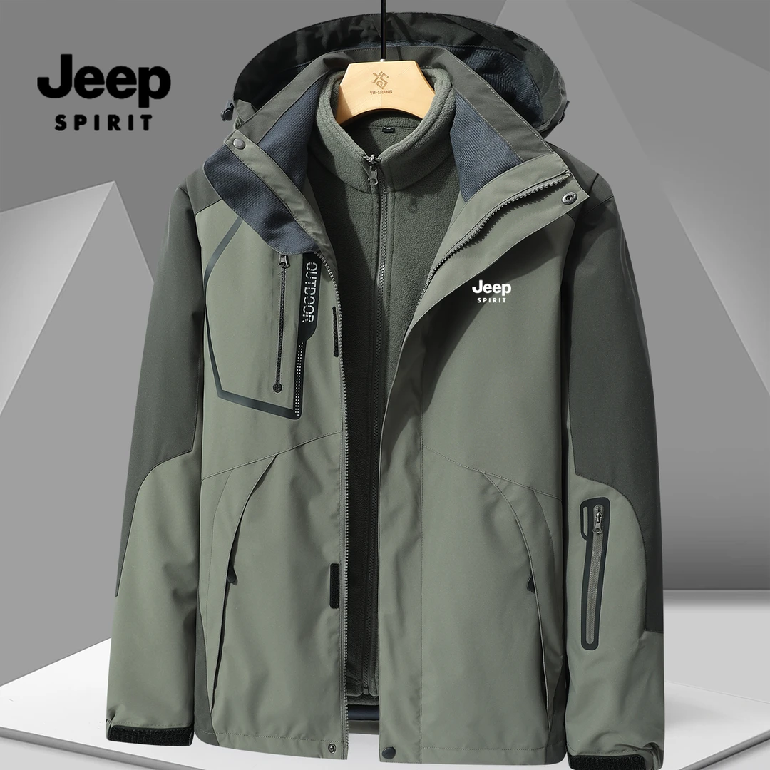 JEEPSPIRIT吉普三合一可拆卸户外防风防水加绒加厚情侣外套