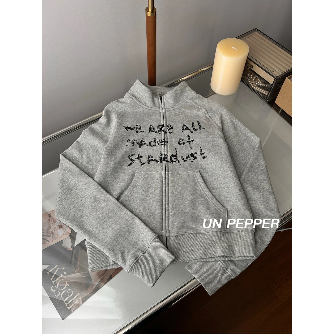 UNPEPPER2024秋冬新款灰色立领拉链开衫印花长袖卫衣