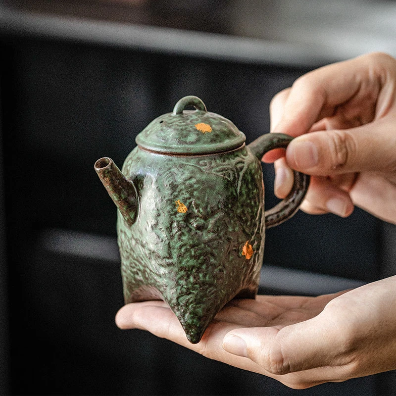 空寂斋青铜绿月华壶日式粗陶茶壶复古泡茶器纯手工描金泡功夫茶壶