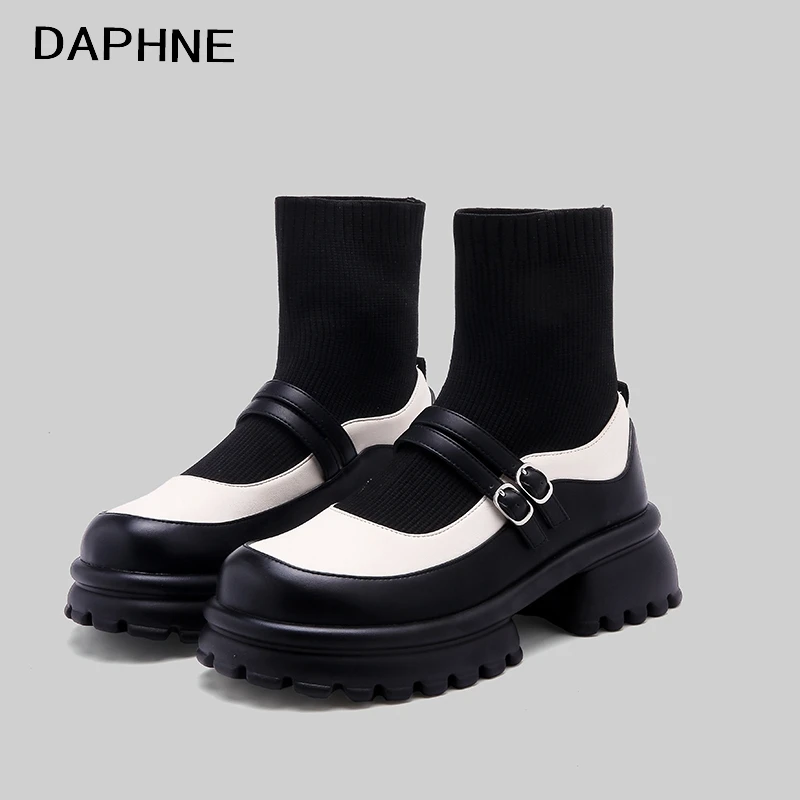 Daphne/达芙妮秋季厚底黑色圆头粗跟复古玛丽珍女鞋英伦短靴软皮