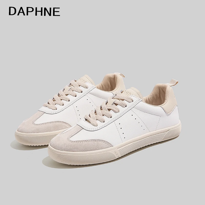 Daphne/达芙妮春季新款真皮德训鞋撞色ins小白鞋舒适低帮休闲板鞋