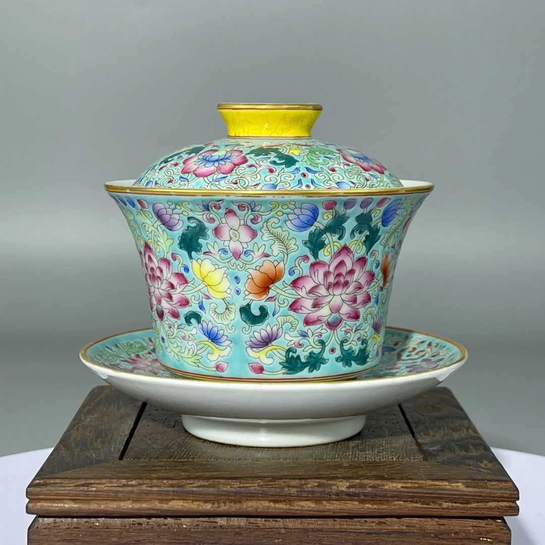 珐琅彩三才盖碗手工陶瓷