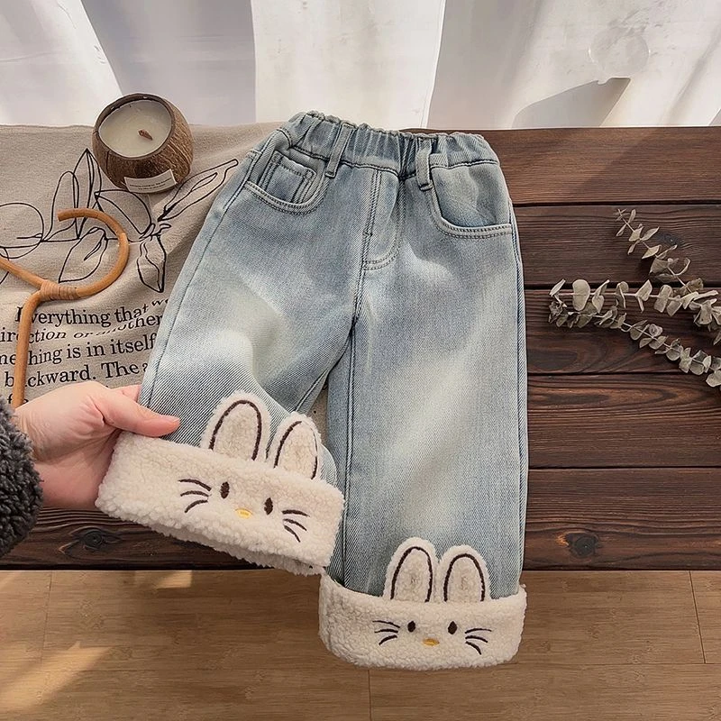 女童加绒牛仔裤秋冬款一体绒儿童加厚直筒裤子洋气宝宝冬季阔腿裤