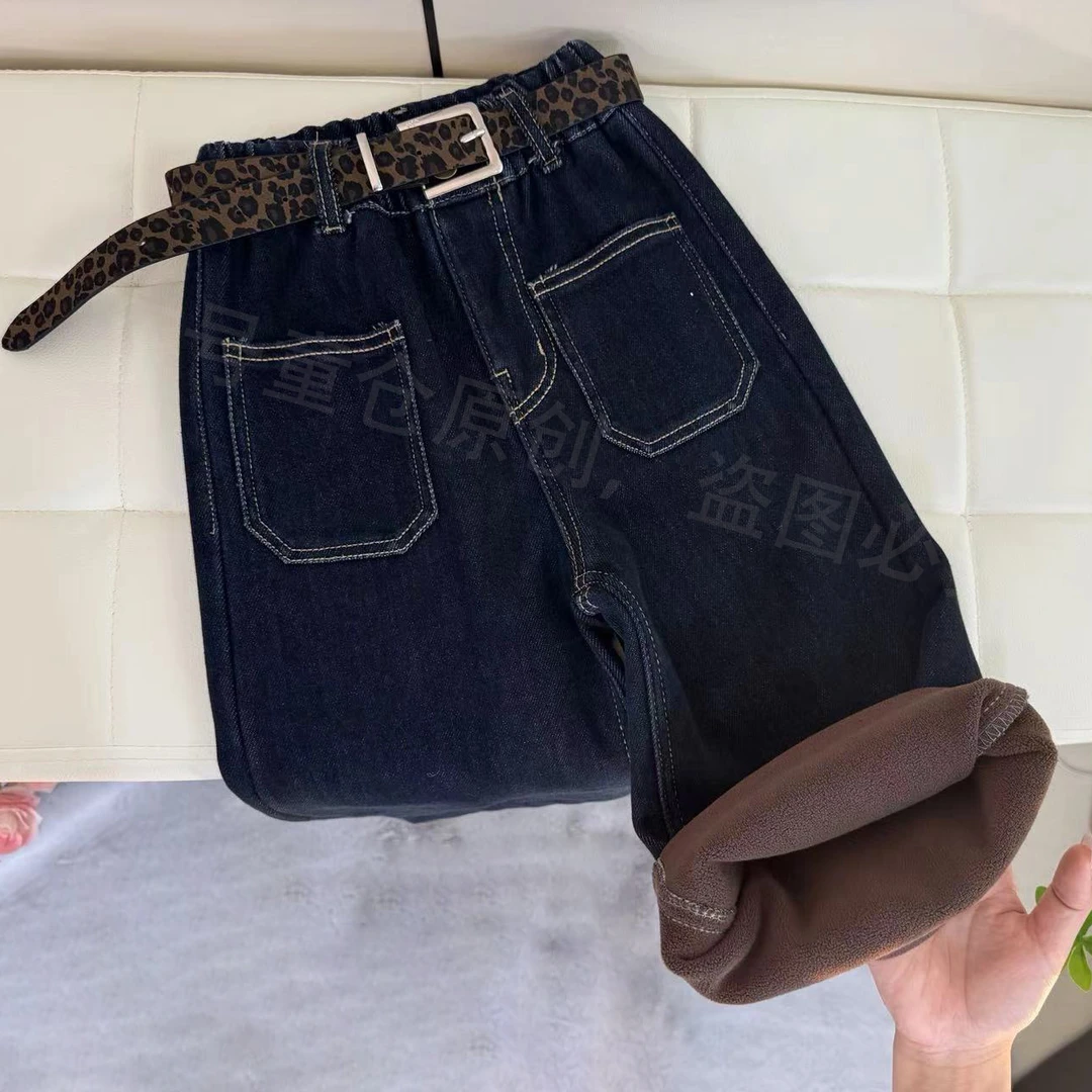 女童中大童加绒裤子一体绒秋冬新款女孩休闲阔腿裤加厚直筒牛仔裤