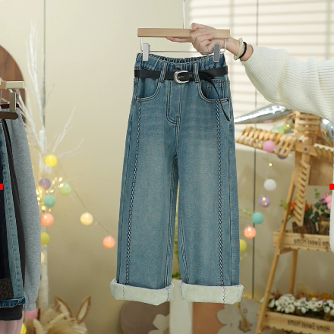 女童加绒牛仔裤秋冬款2024新款儿童冬装加厚裤子女大童一体绒长裤