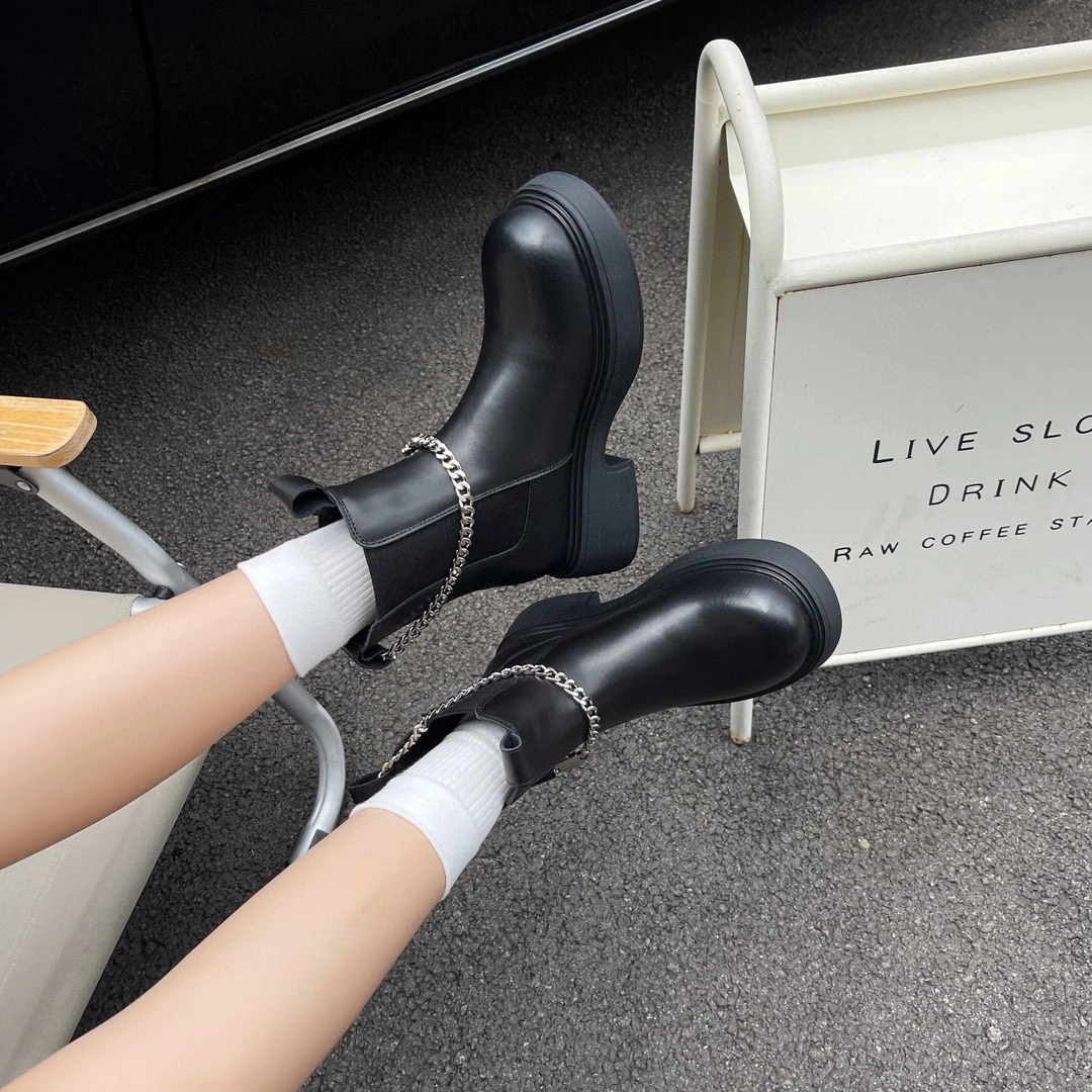 【panpan家】1073-5真皮英伦风靴子厚底中筒百搭瘦瘦靴