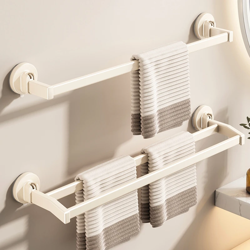 优勤奶油风吸盘毛巾架子卫生间免打孔毛巾杆壁挂置物架浴室收纳架