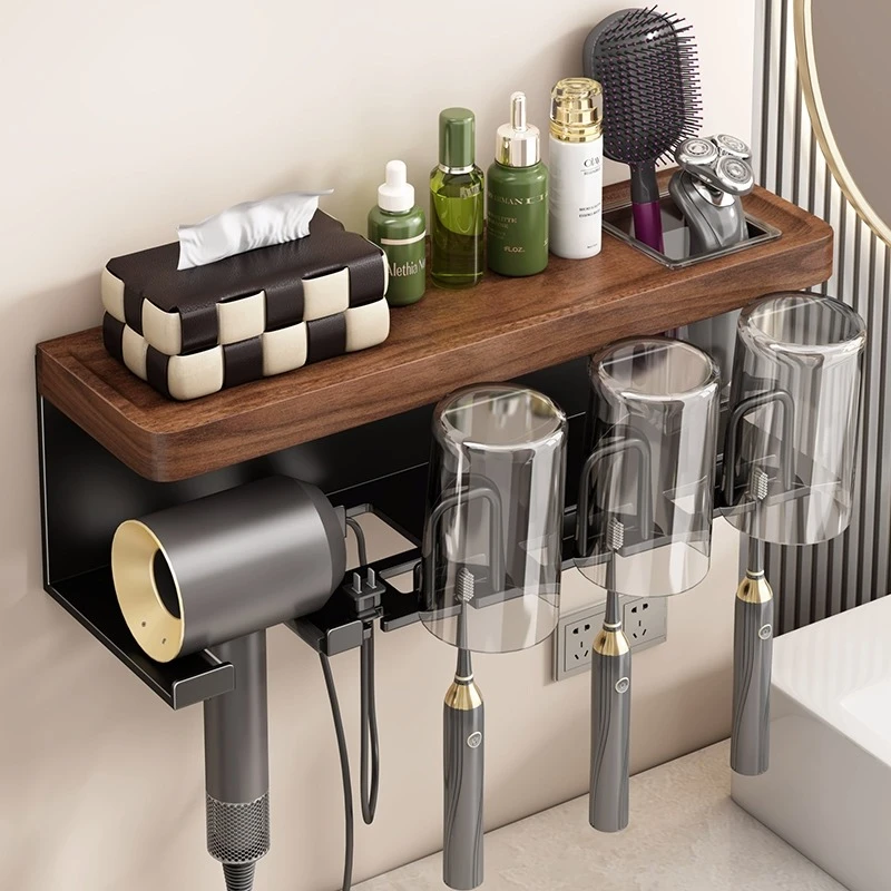 胡桃木卫生间置物架免打孔牙刷架子浴室厕所洗漱台吹风机收纳支架