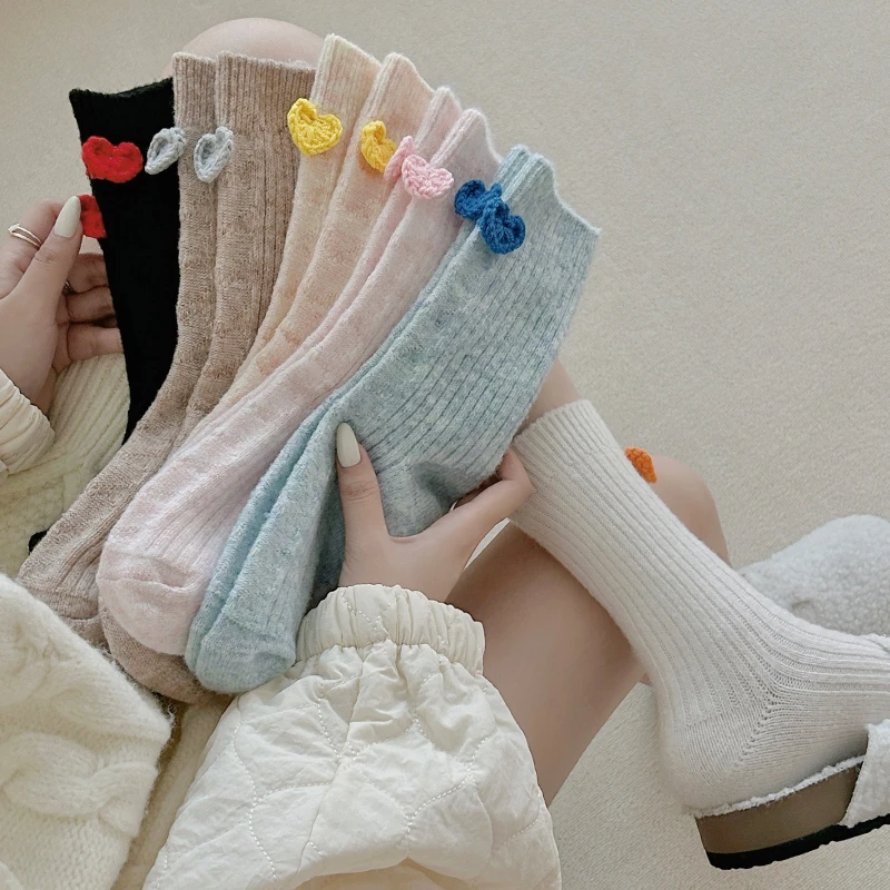 毛线爱心袜子女中筒袜秋冬加厚保暖羊毛袜日系可爱粉色堆堆袜暖绒
