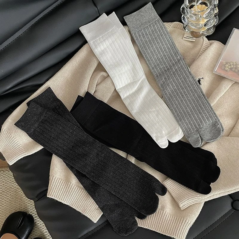 显瘦竖条纹分趾两指二指袜子女中筒袜ins潮春秋基础款薄棉堆堆袜