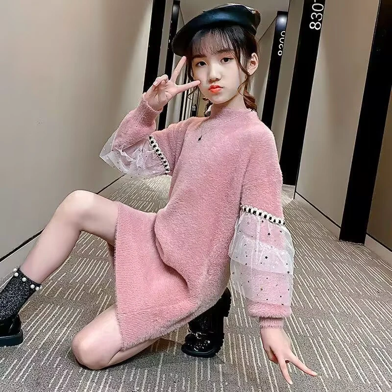 女童冬季中长款加绒加厚毛衣新款时尚小女孩中大童网红毛衣洋气