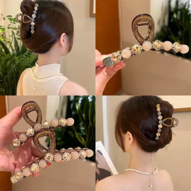 高端春夏珠珠满锆抓夹大号发量多女士盘发夹发卡气质鲨鱼夹