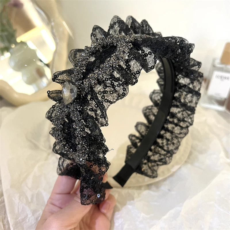 黑色蕾丝爱心蝴蝶结褶皱发箍满天星宽边女透纱时尚优雅显发量头箍