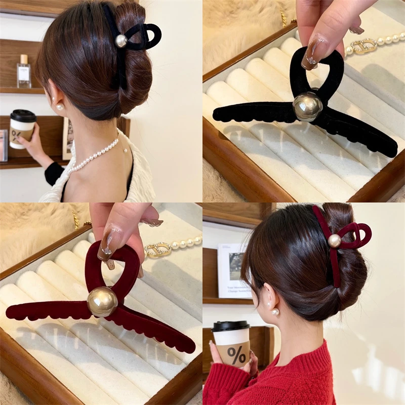 新年红色鲨鱼夹珠珠丝绒大号高级感气质温日韩柔新款发抓发夹子女