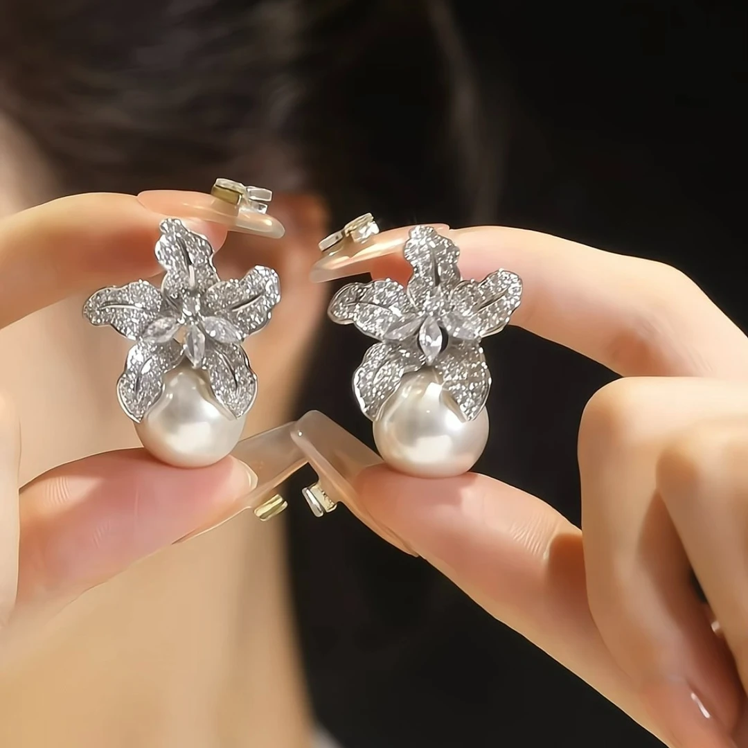 铜合金合成锆石耳饰 气质满钻花朵贝珠耳钉重工轻奢精致耳环优雅1