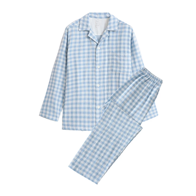 新款简约全棉双层纱睡衣纯棉家居服情侣款衬衣长裤休闲良品家居服