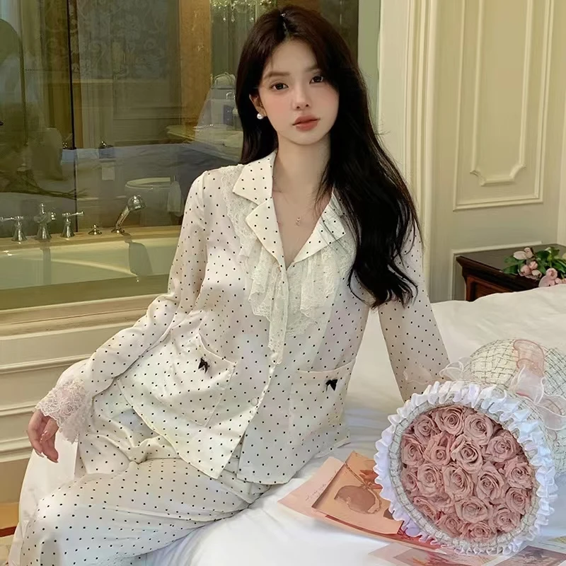 秋冬季长袖长裤家居服双面柔光缎软丝薄款休闲宽松可外穿甜美可爱