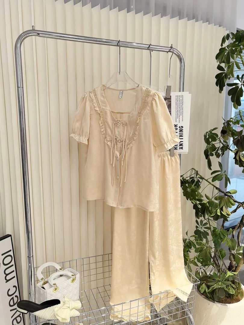 短袖长裤可外穿提花印花双面柔光缎软丝家居服女夏季薄款休闲宽松