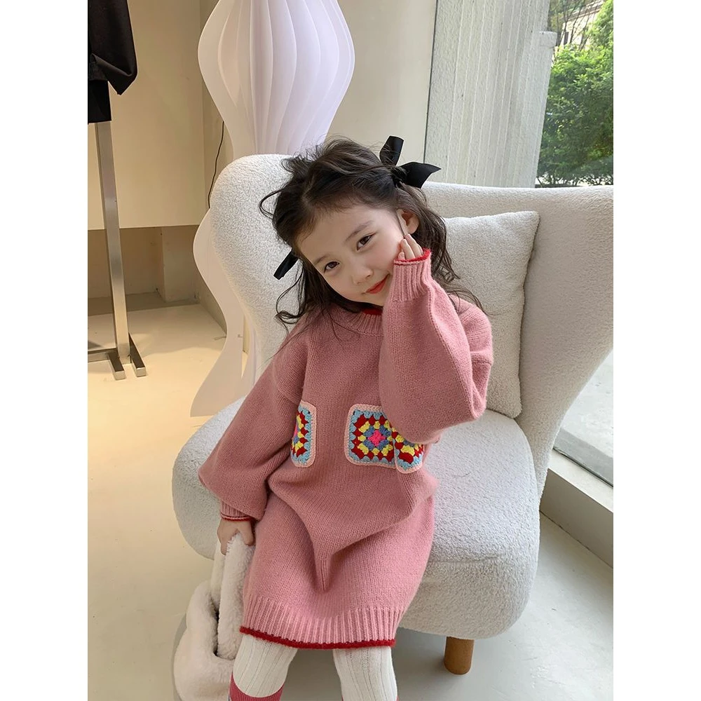 2023女童洋气撞色泡泡袖中长款毛衣秋冬新款宝宝宽松针织衫上衣潮