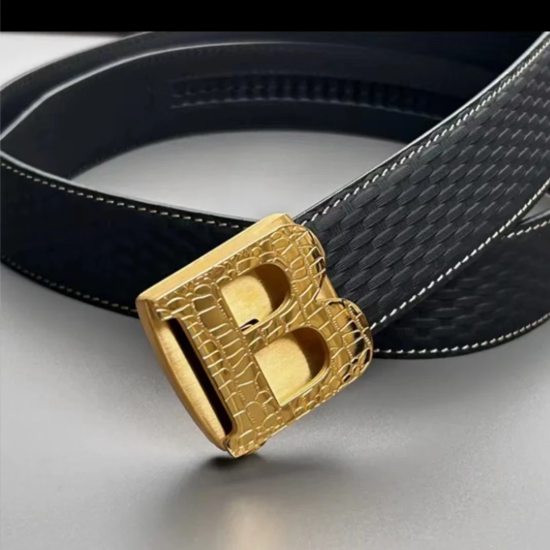 不锈钢B字母自动扣宽度3.5真牛皮皮带编织纹时尚商务腰带男款