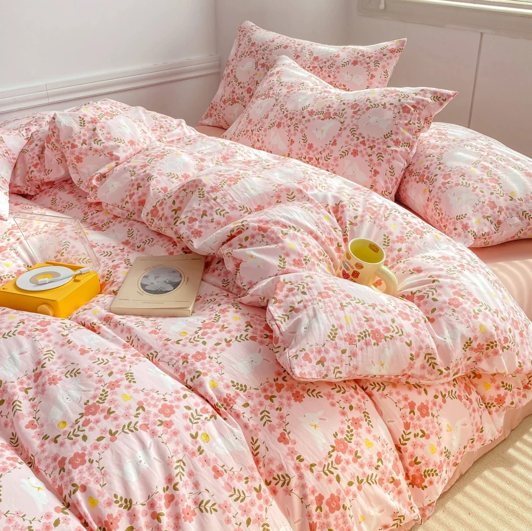 高品质【小桃兔兔】水洗泡芙绵提花有氧单被套小清新可爱印花-F
