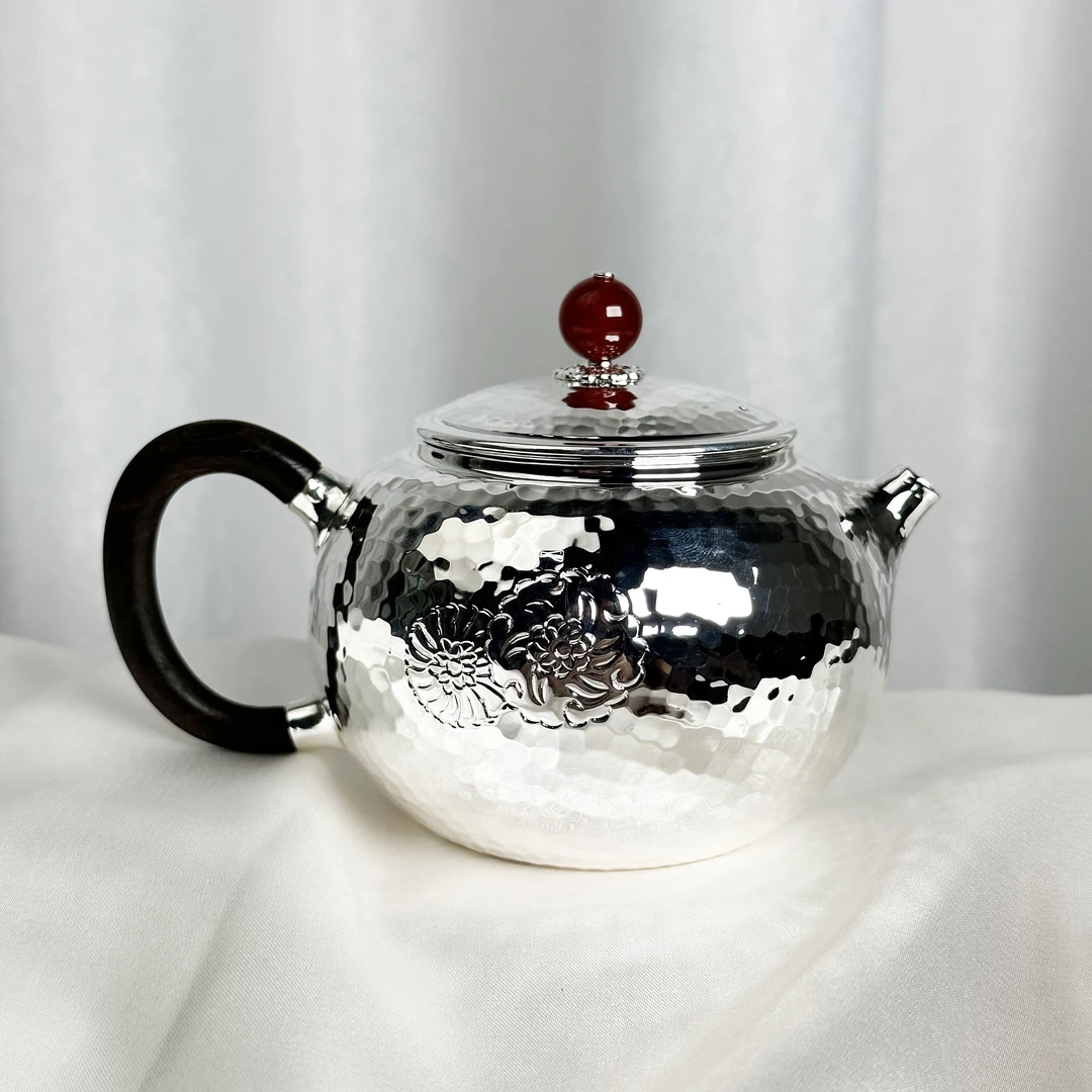 清货-锤纹浪花西施壶牡丹泡茶壶999银