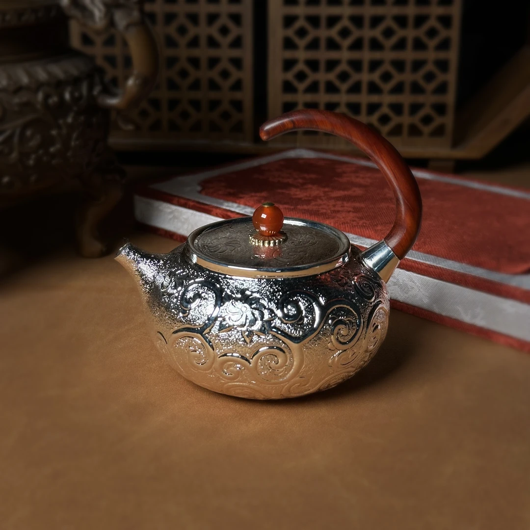 清货-手工缠枝浮雕999提梁壶飞天红石顶半手把银壶红顶