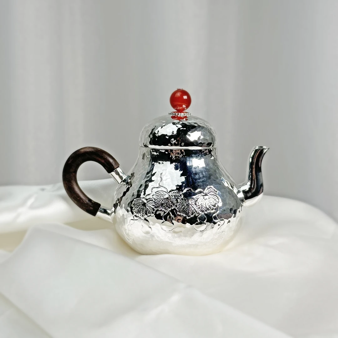 清货-手作檀木999梨型壶葫芦小提梁壶素面款家用泡茶思婷银壶