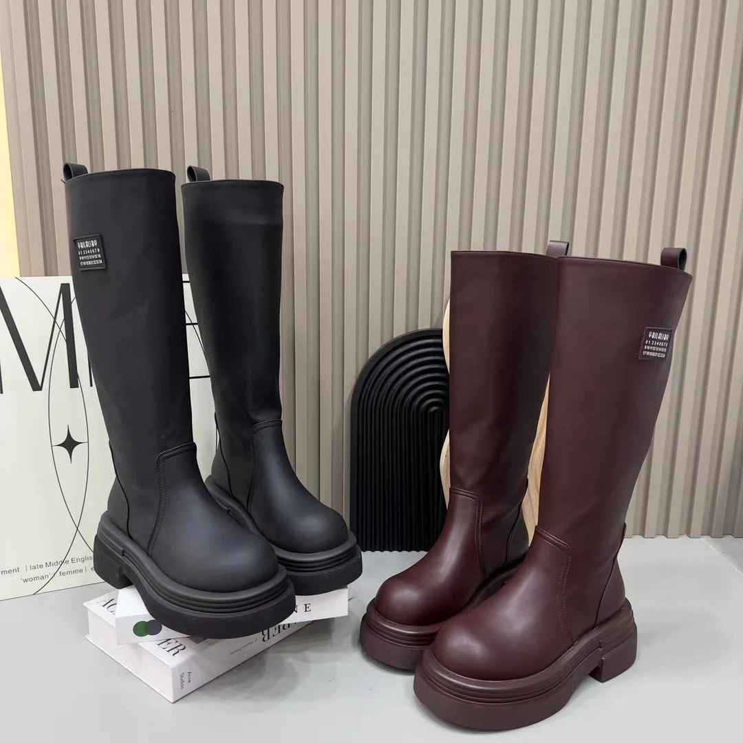 《唐宁街》弹力靴一脚蹬厚底靴时尚百搭中筒骑士安哥拉红厚底高筒靴