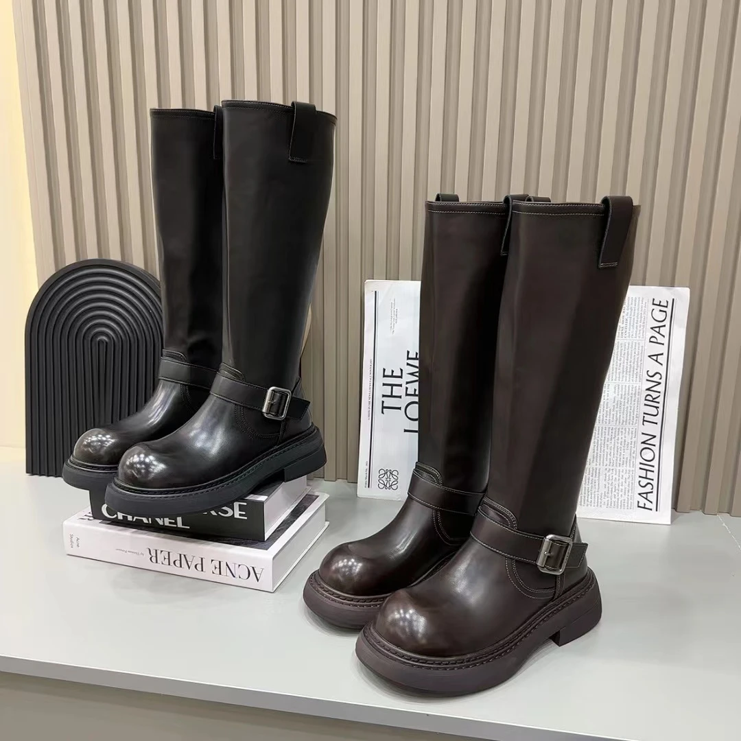 《唐宁街》弹力靴一脚蹬厚底靴时尚百搭中筒厚底高筒靴骑士长筒圆头