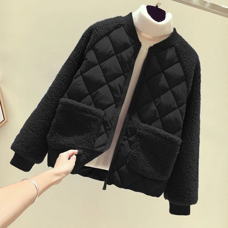 波司澄羽绒服轻薄棉服女短款2023新款韩版宽松仿羊羔毛拼接棉衣小