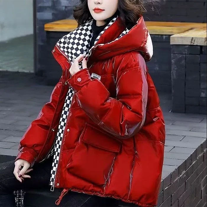 波司澄羽绒服亮面免洗羽绒棉服女2022冬季新款韩版格子棉袄宽松保