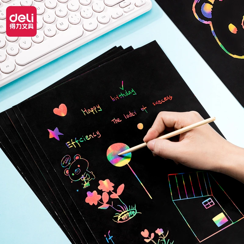 得力炫彩刮画纸儿童手工刮刮画幼儿园美术创意画星空彩色画画纸