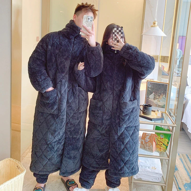情侣睡衣秋冬季珊瑚绒三层夹棉睡袍女中长款加绒加厚大码男士套装