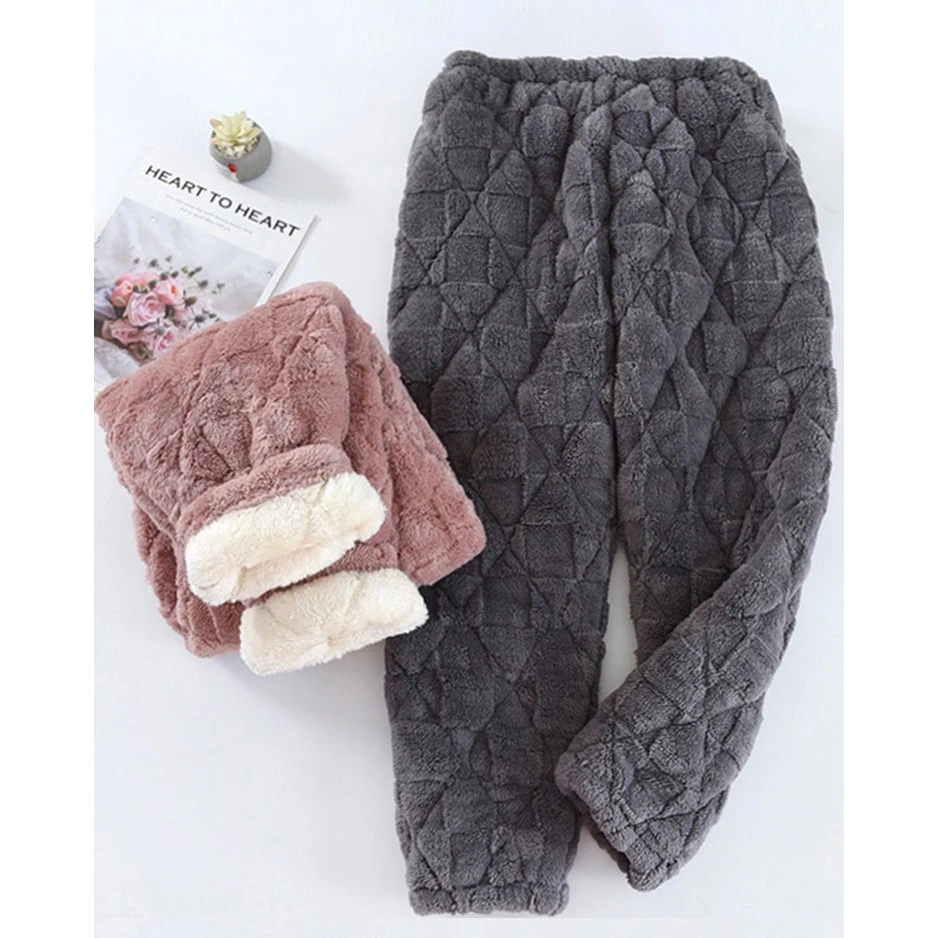 睡裤情侣冬季三层夹棉法兰绒特厚保暖家居裤男女加绒睡裤东北棉裤