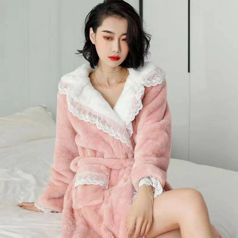 睡袍冬款女加绒加厚法兰绒浴袍2024年新款珊瑚绒睡衣中长款家居服