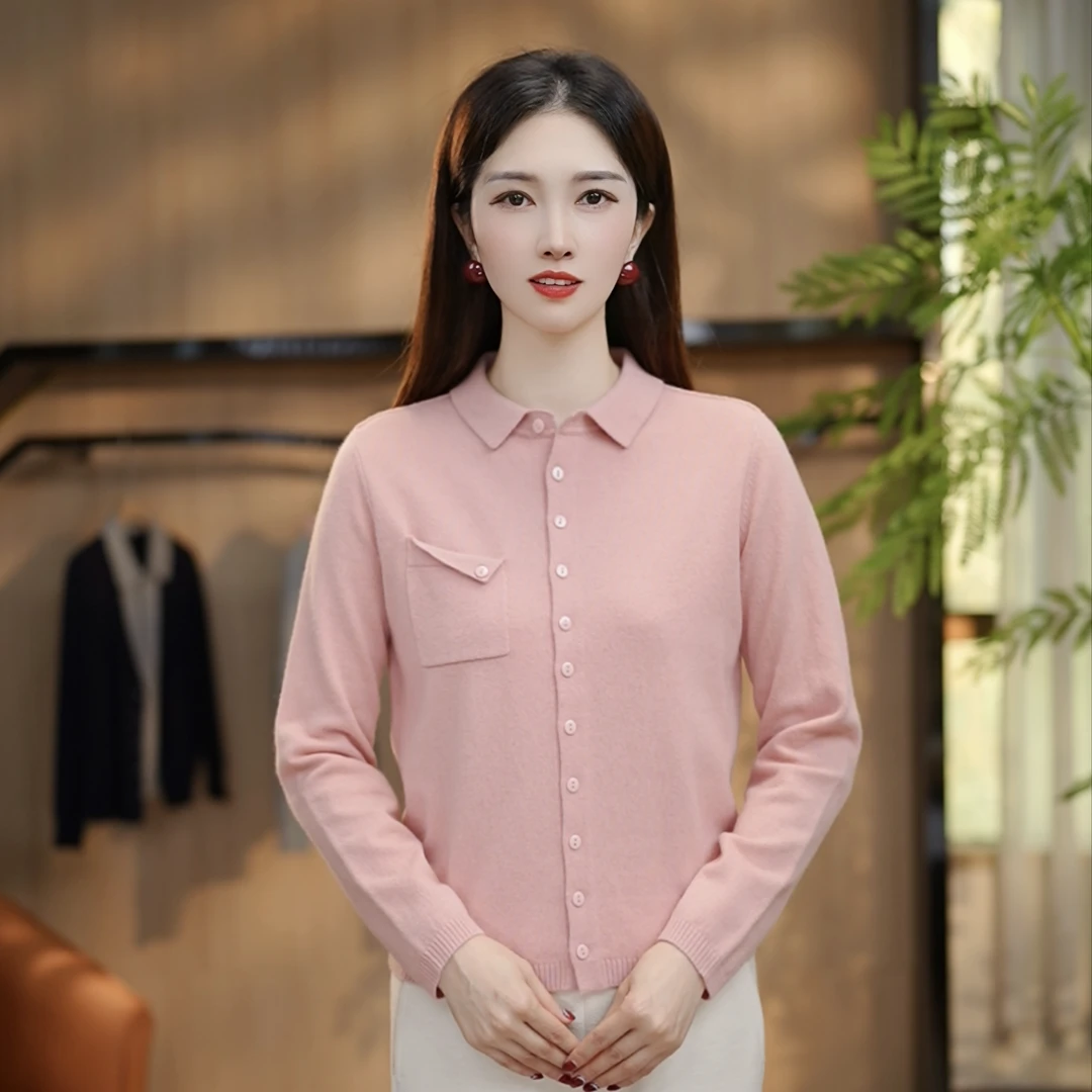 [100%纯羊毛]秋冬超细美丽诺羊毛衫质百搭翻领纯色上衣女7988