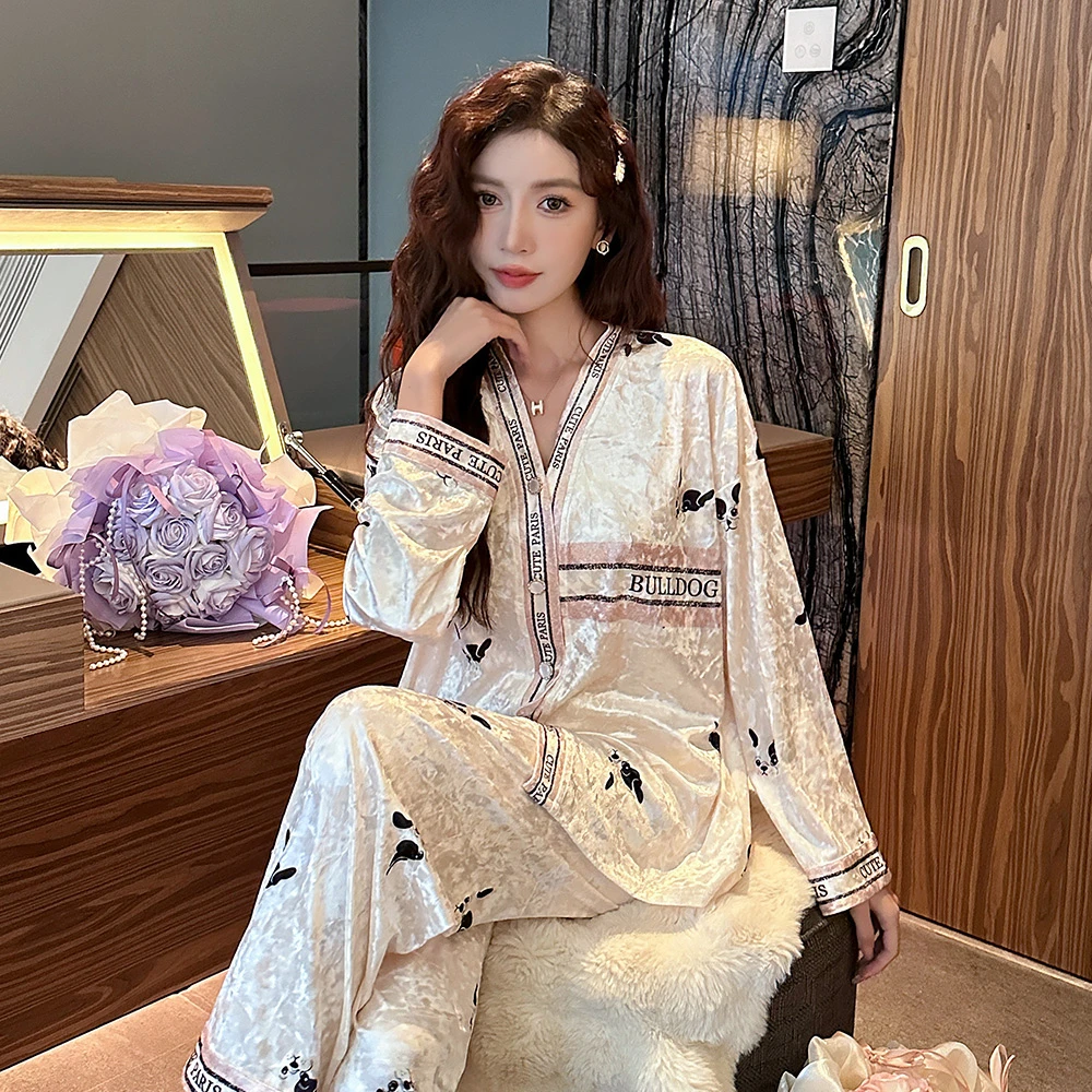 小香风金丝绒睡衣女春秋季2024年新款长袖秋冬天家居服套装可外穿