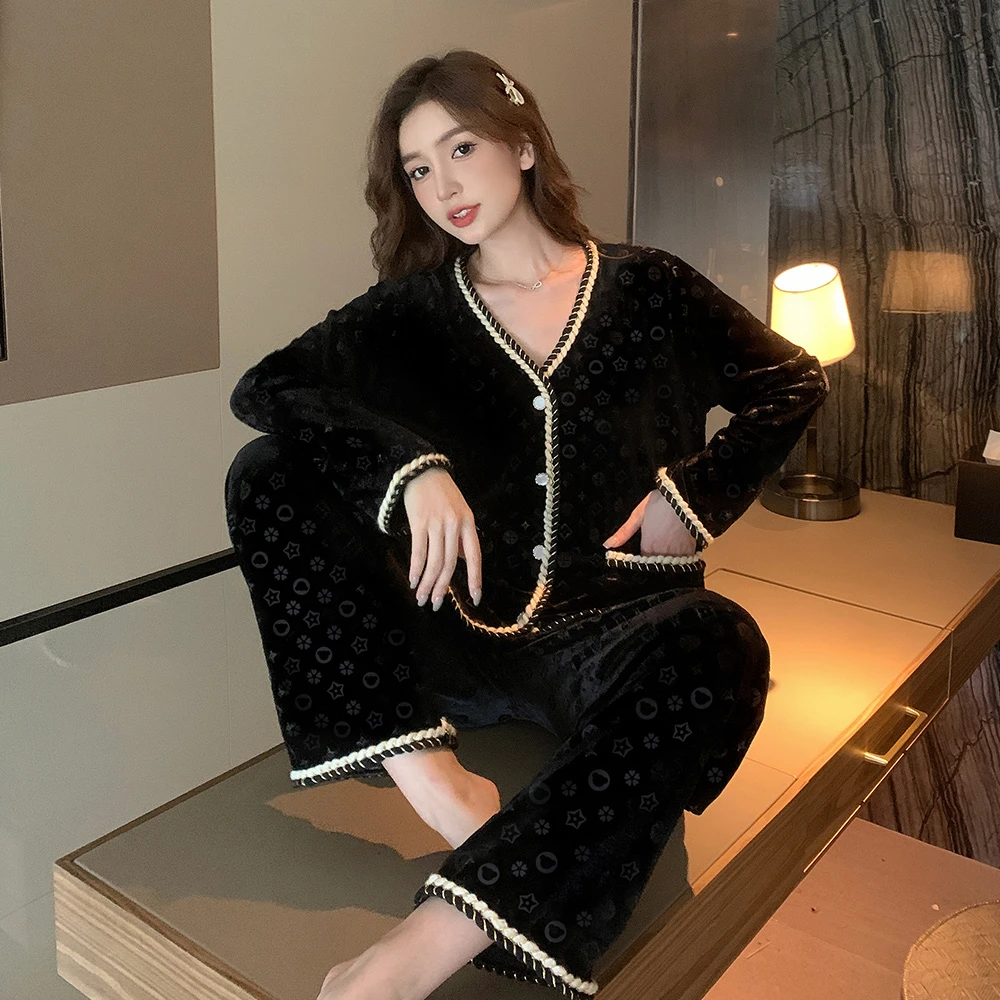 2023年新款小香风金丝绒睡衣女春秋季长袖秋冬家居服套装可外穿