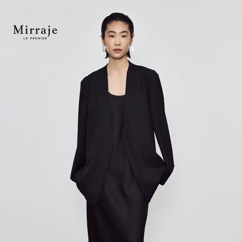 Mirraje24新款羊毛混纺V领无扣西装夹克外套清冷都市感无领外套