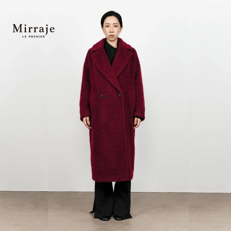 Mirraje24秋冬款安可拉红羊毛马海毛大衣女中长款双排扣毛呢外套