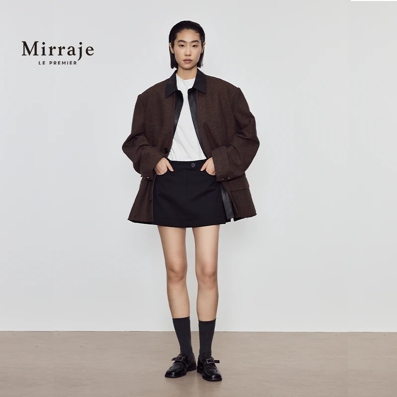Mirraje24新款单排扣人字纹无领廓形西装外套设计师品牌A字半身裙