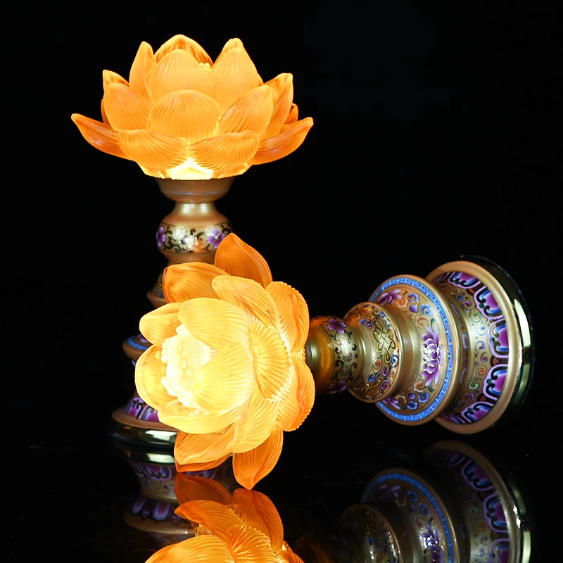 聚财款琉璃家用黄色花瓣荷花图案灯客厅摆件