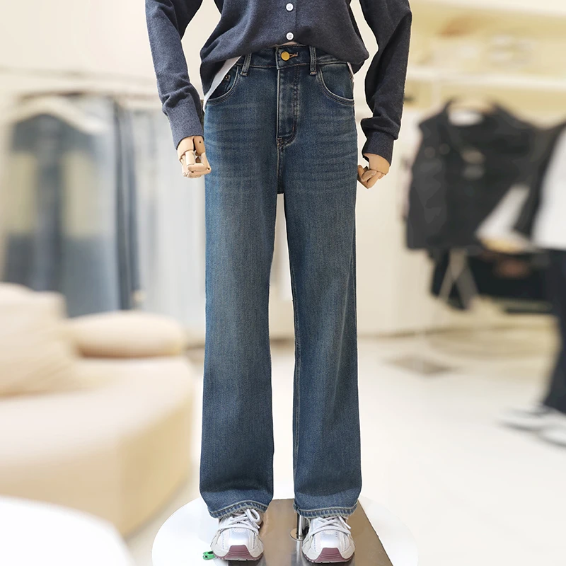 zaw大码女装直筒牛仔裤女冬加绒高腰宽松胖mm窄版阔腿裤子/24581