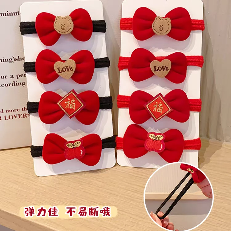 儿童新年红色蝴蝶结发圈皮筋发饰宝宝过年高弹力马尾发绳头饰皮套