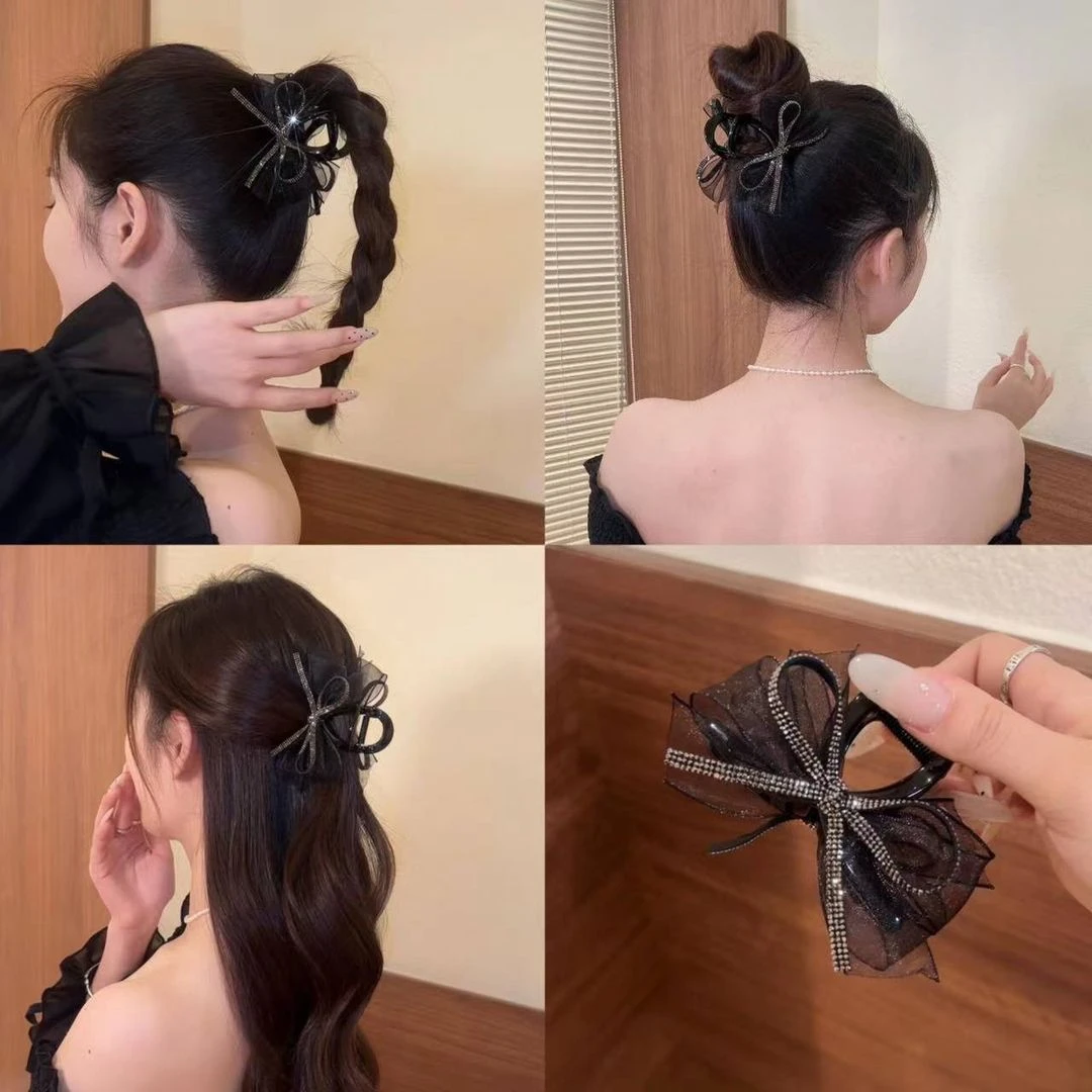 【原版手作】高级感黑色闪钻超仙网纱蝴蝶结抓夹韩版轻奢马尾夹发夹