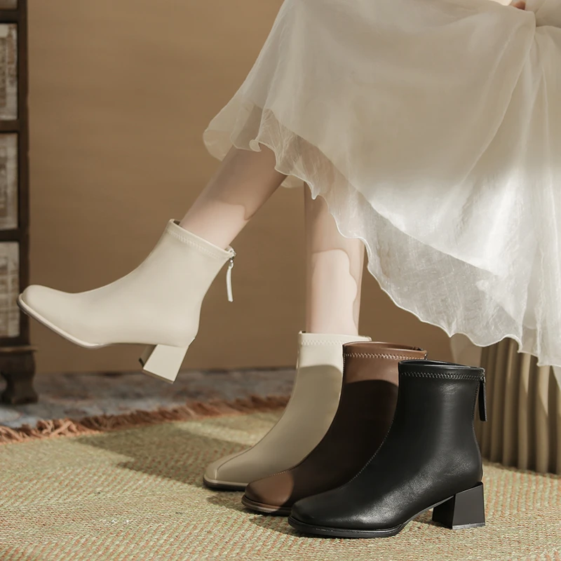 5公分简约方头短靴女粗跟百搭新款软面软底加绒瘦瘦靴后拉链靴子