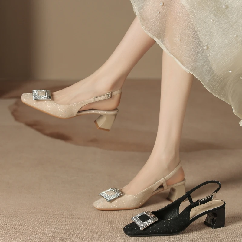5厘米水钻方扣一字带凉鞋女外穿夏百搭后空包头鞋中跟舒适粗跟鞋
